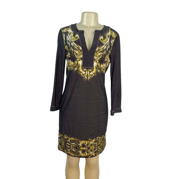 BCBG MAXAZRIA Womens Gold Baroque Print Long-Sleeve Tunic Dress Size M - Picture 3 of 6